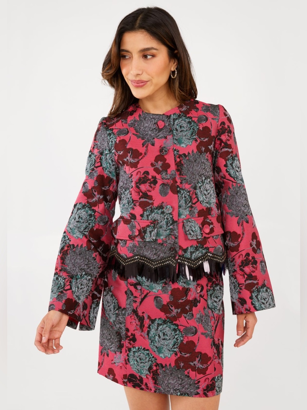 NWT Abbey Glass Kennedy Jacket Hot Pink Vintage Dahlia Jacquard Sz S
